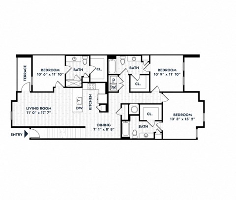 Floor plan for 3 beds, 3 baths, 1580 sqft
